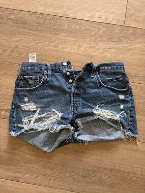 Levi's Distressed Dark Blue High-Rise Denim Shorts